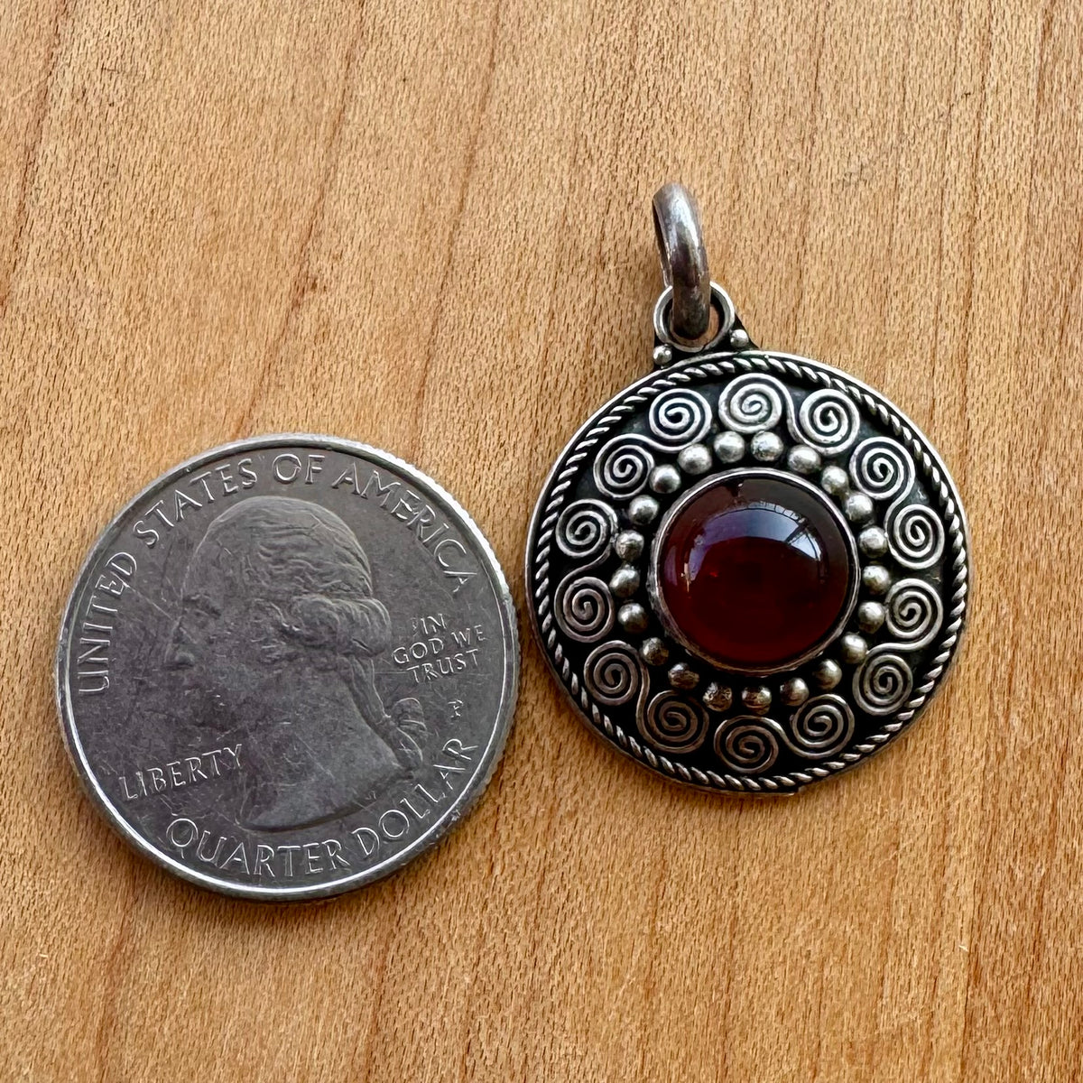 Red Stone Circle Pendant - Sterling Silver