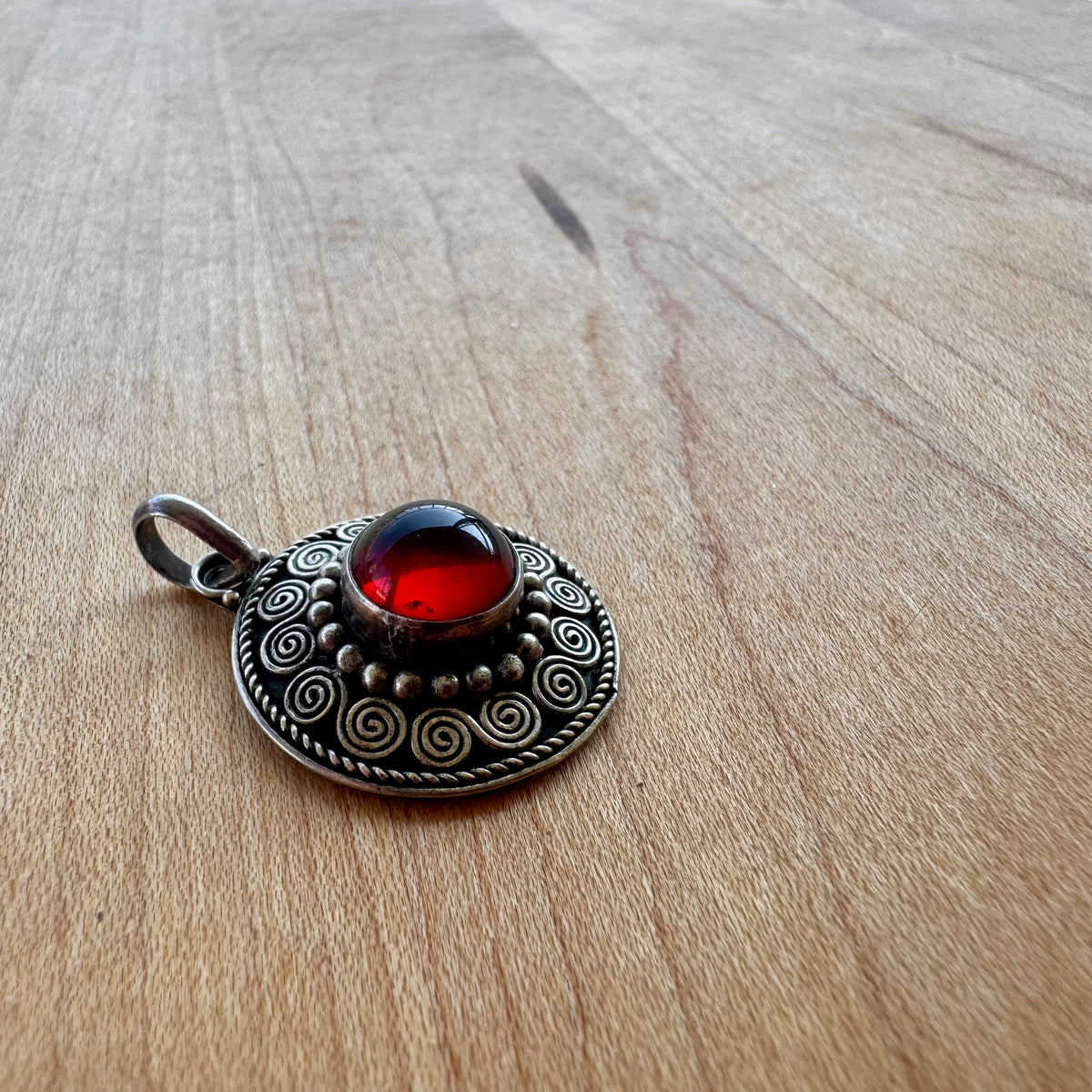 Red Stone Circle Pendant - Sterling Silver