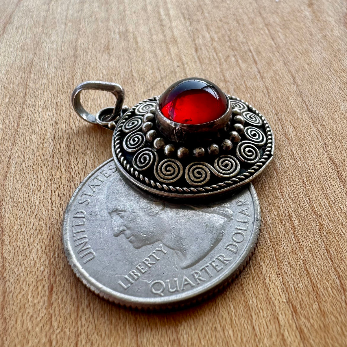Red Stone Circle Pendant - Sterling Silver