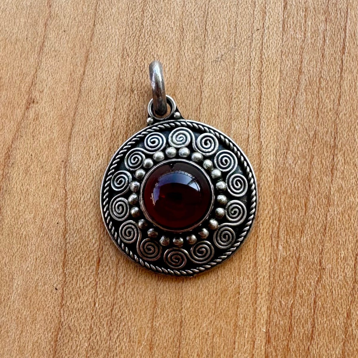 Red Stone Circle Pendant - Sterling Silver