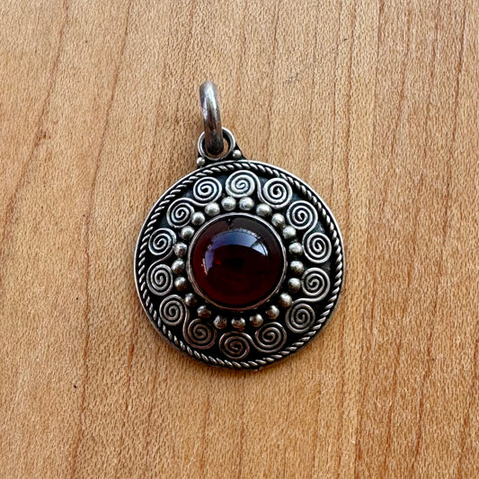 Red Stone Circle Pendant - Sterling Silver