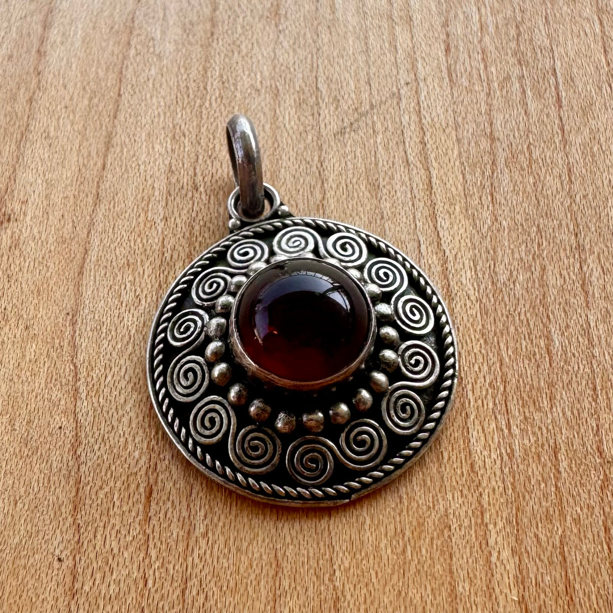 Red Stone Circle Pendant - Sterling Silver