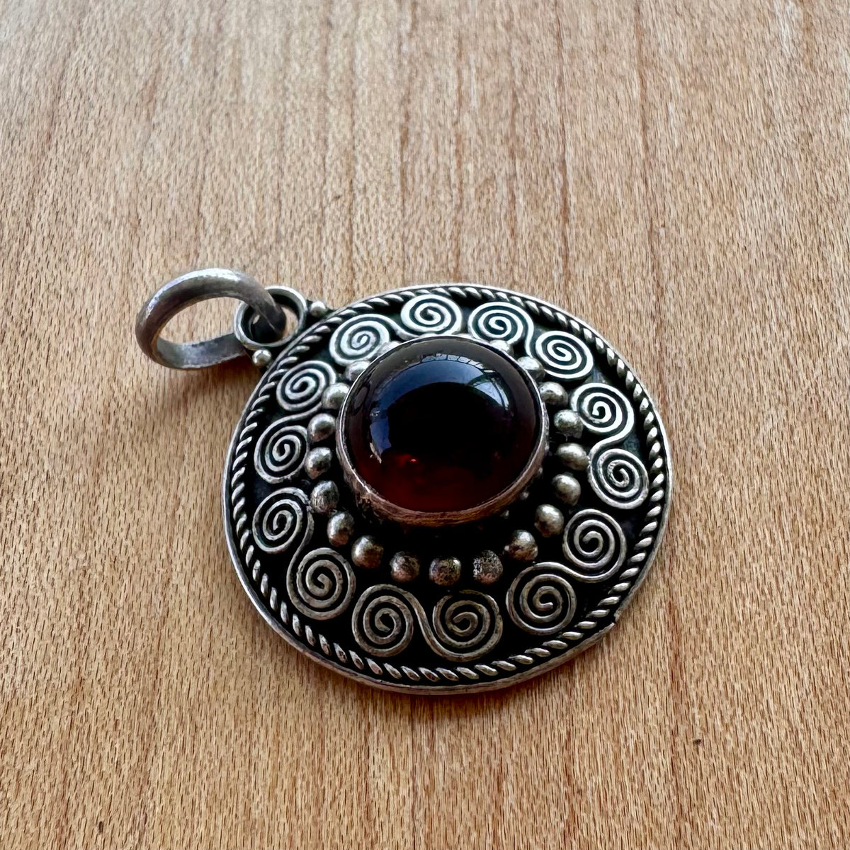 Red Stone Circle Pendant - Sterling Silver
