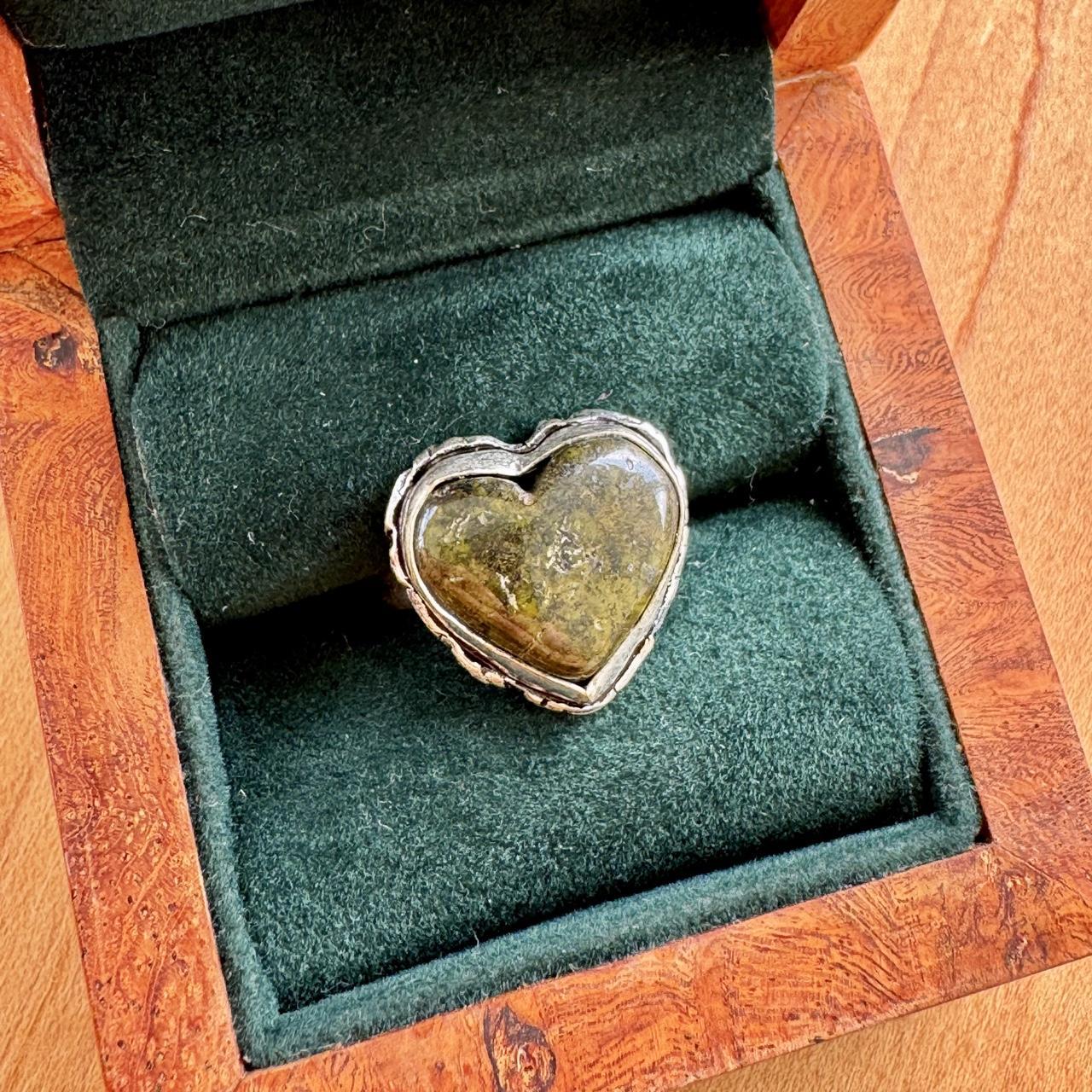 Green Stone Heart Ring - Sterling Silver