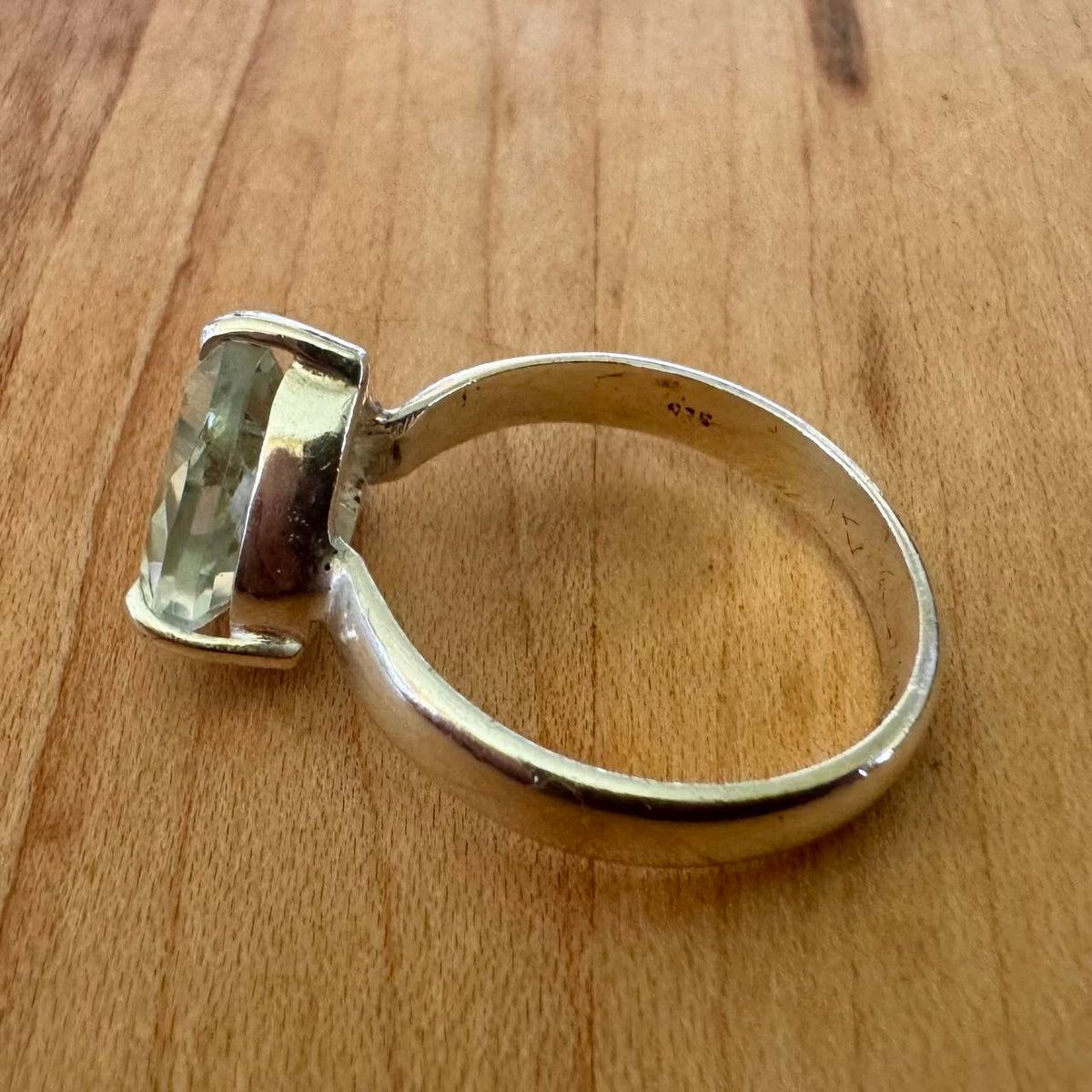 Sz 8.5 Chunky Green Amethyst Solitaire Ring - Sterling Silver