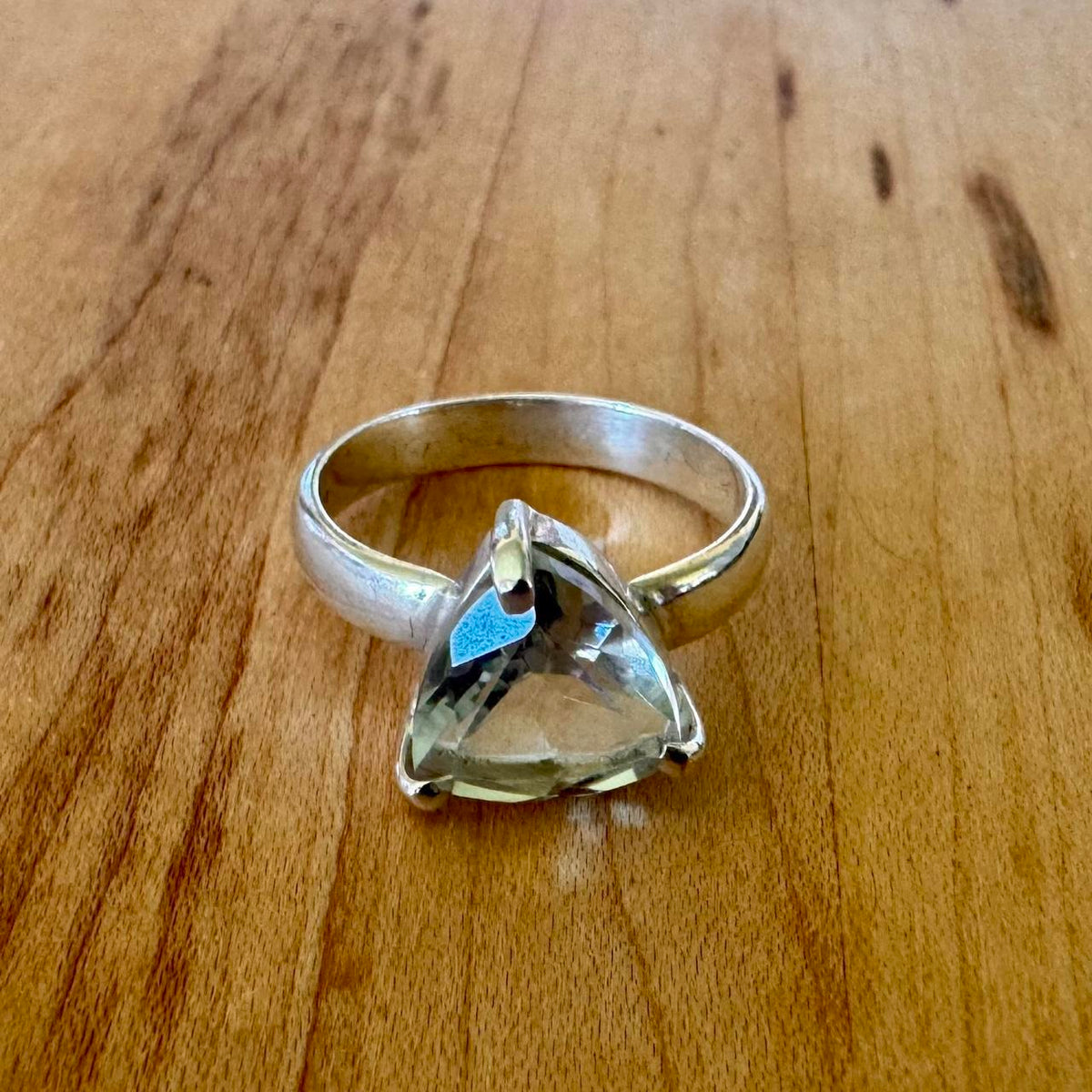 Sz 8.5 Chunky Green Amethyst Solitaire Ring - Sterling Silver