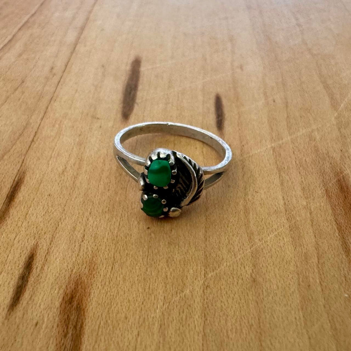 Sz 5 Vintage Malachite Feather Ring - Sterling Silver