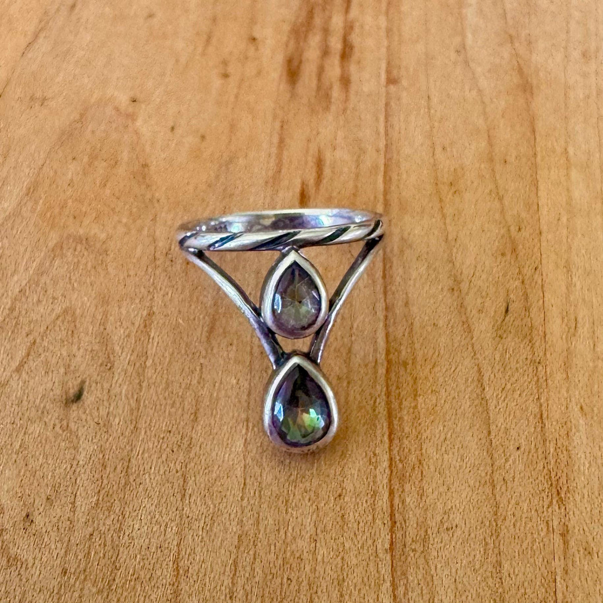 Sz 7.25 Mystic Topaz Double Teardrop Ring - Sterling Silver