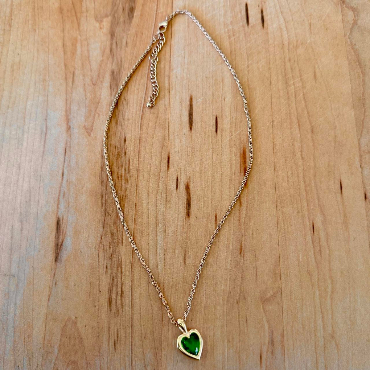 Emerald Puffy Heart Pendant - Gold Tone