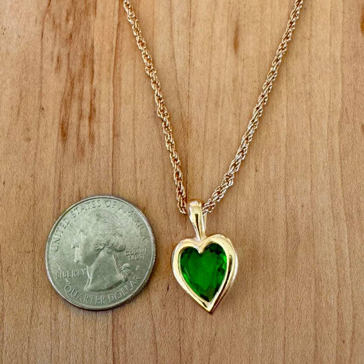 Emerald Puffy Heart Pendant - Gold Tone